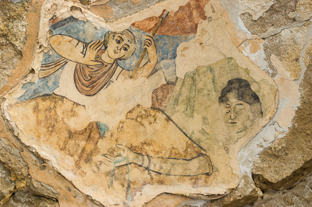 Die Ruinenlandschaft von Salamis: Reste von Mosaiken im südlichen Sudatorium: Hylas, der Gefährte des Herakles, erhebt einen Speer gegen eine Quellennymphe