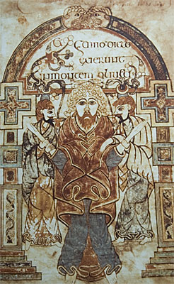 Bild aus dem Book of Kells, ausgestellt im Skellig Michael Heritage Center (Gefangennahme Christi)