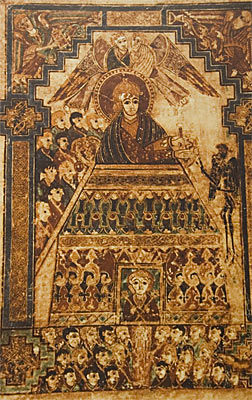 Bild aus dem Book of Kells, ausgestellt im Skellig Michael Heritage Center (Versuchung Christi)
