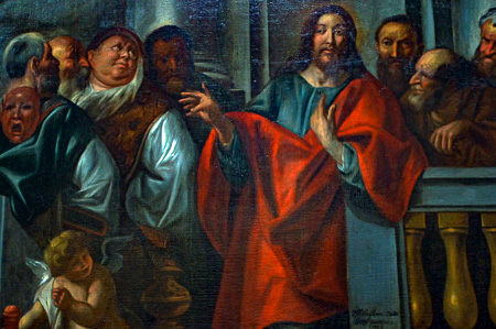 Sint-Waldetrudiskerk: Jacob Jordaens: Jesus verurteilt die Scheinheiligkeit der Pharisäer, 1578 (Ausschnitt)