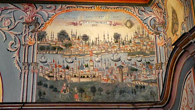 Bulgarien - Plovdiv Altstadt Klianti-Haus, Detail aus der reichen Wandmalerei: Ansicht von Konstantinopel von 1817