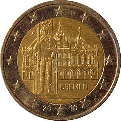 Reiseführer Bremen - 2-Euro-Münze mit dem Roland und dem Rathaus