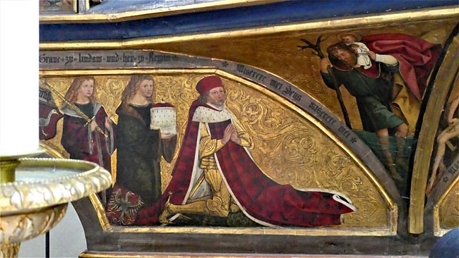 Ansbach: St. Gumbertus, Schwanenritterkapelle, Stifter Markgraf Albrecht Achilles im Sockel des Altars