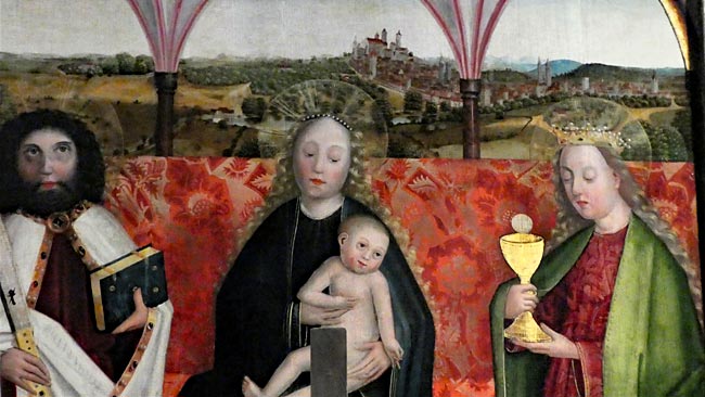 Nürnberg: St. Lorenz, Krellscher Altar in der Chormitte,um 1483, mit Maria mit dem Jesuskind zwischen Bartholomäus und Barbara überliefert in seiner mittleren Chortafel eine der ältesten Stadtansichten Nürnbergs