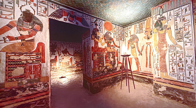 Odysseum, Ausstellung, Multimdia. Grab der Nefertari. Im Innern eines der spektakulärsten Gräber Ägyptens zeigen Malereien Nefertari mit den Göttern der Unterwelt.