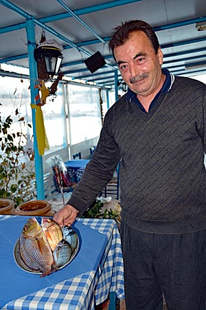 Griechenland - Messenien - in der Taverne „The 5 FFFFF“ in Finikoúnda: Der Wirt hält stolz den frischen Fisch in die Kamera