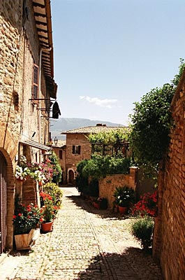 Italien - Umbrien - Montefalco - Blumengeschmückte Gasse mit typischen Natursteinhäusern im Weinort Montefalco