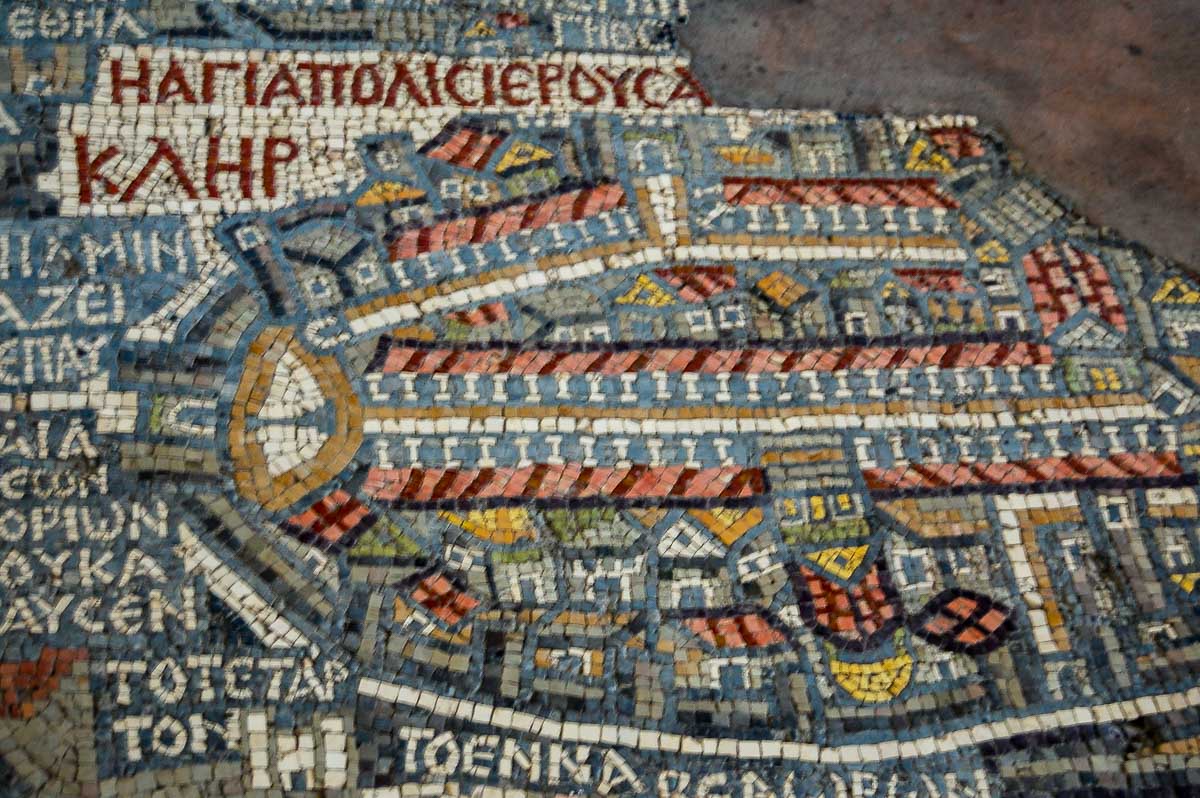 Jordanien, Eine Darstellung der "heiligen Stadt Jerusalem" auf der Mosaikkarte von Madaba