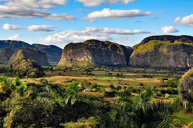 Mogotes sind die Millionenjahre alten bewachsenen Kalksteinhügel im Viñales-Tal, Unesco-Biosphärenreservat und Nationalpark, Pinar del Río, Kuba