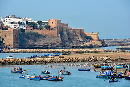 Marokko - kleiner Hafen mit Fischerbooten in Rabat (im Hintergrund die Kasbah des Oudaias)