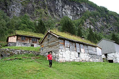 Norwegen - Geirangerfjord - Häuser mit Gras bewachsenen Dächern