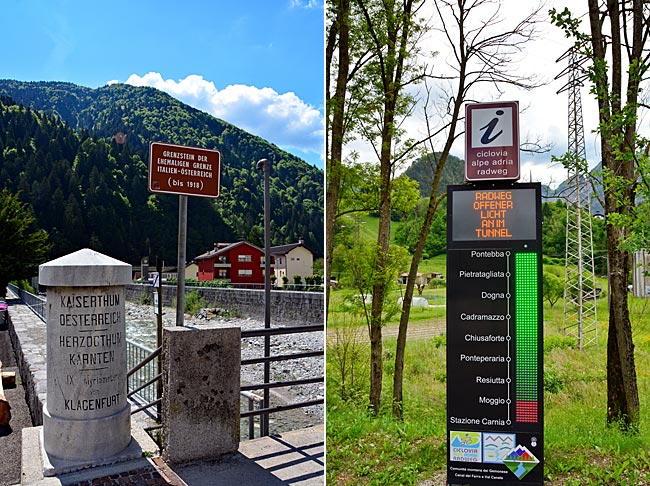 Alpe Adria Radweg - Alter Grenzstein in Pontebba und Digitale Anzeige der Tunnels mit Licht am Radweg