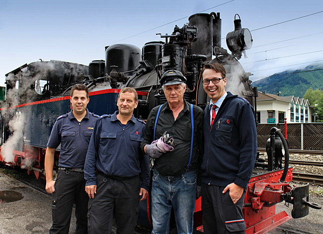 Österreich - Pinzgau - Dampflokenthusiasten: Florian Knapp, Walter Stramitzer,  Josef Stoeckl (Zillertalbahn), Thomas Oberkalmsteiner vor Lok Aquarius C