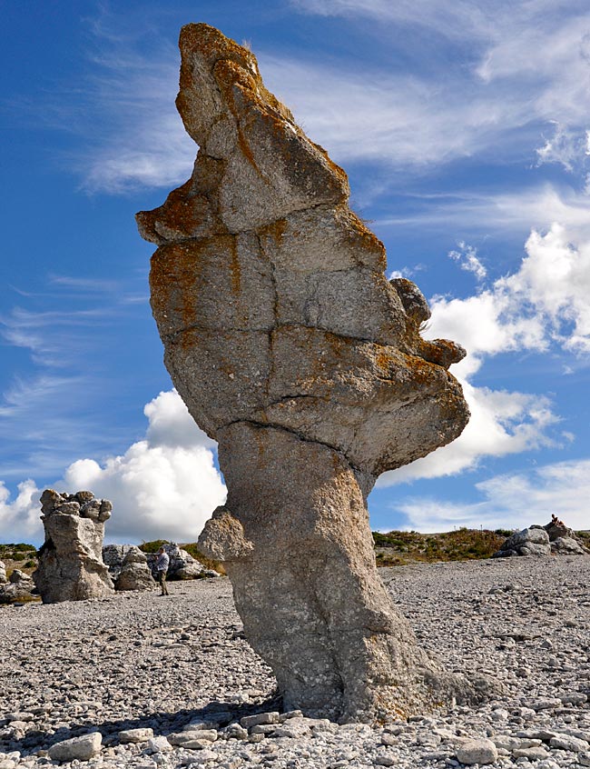 Von Wind und Wetter geformte Kalksteinsäulen, sogenannte Raukar oder auch Raukfelder, im Langhammars Naturreservat auf Farö, Gotland, Schweden.