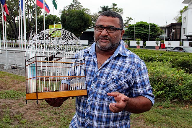 Suriname Paramaribo - Zaid Halmahomet mit Vogel im Käfig