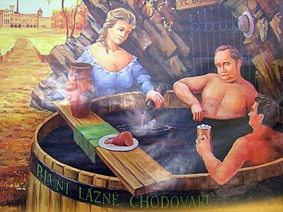 Tschechien - Führung in der Chodovar-Brauerei in Chodová Planá. Bierbad, altes Plakat